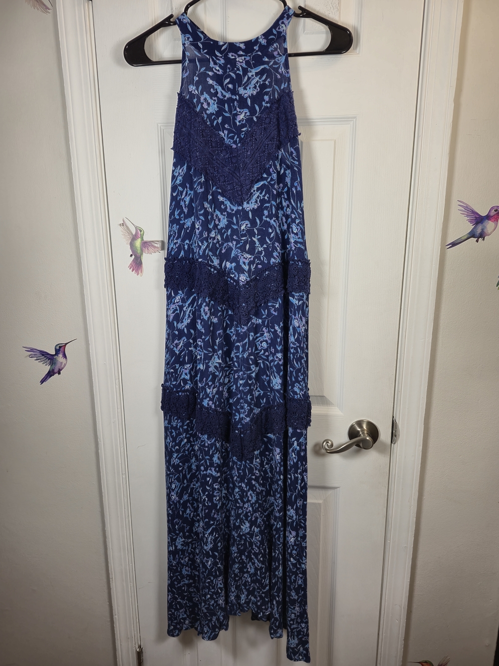 ​Dina Be Blue Floral Crochet Lace Tiered Halter Maxi Dress Medium Boho